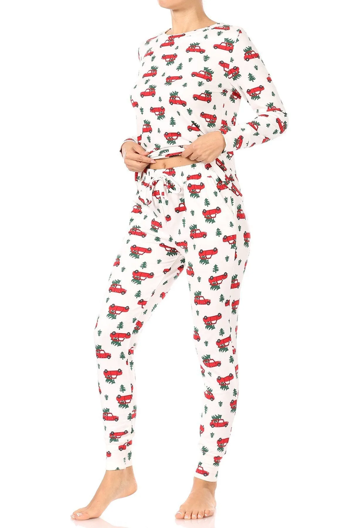 Christmas Tree Car Fleece Lined Lounge Pajama Set Pants and Shirt