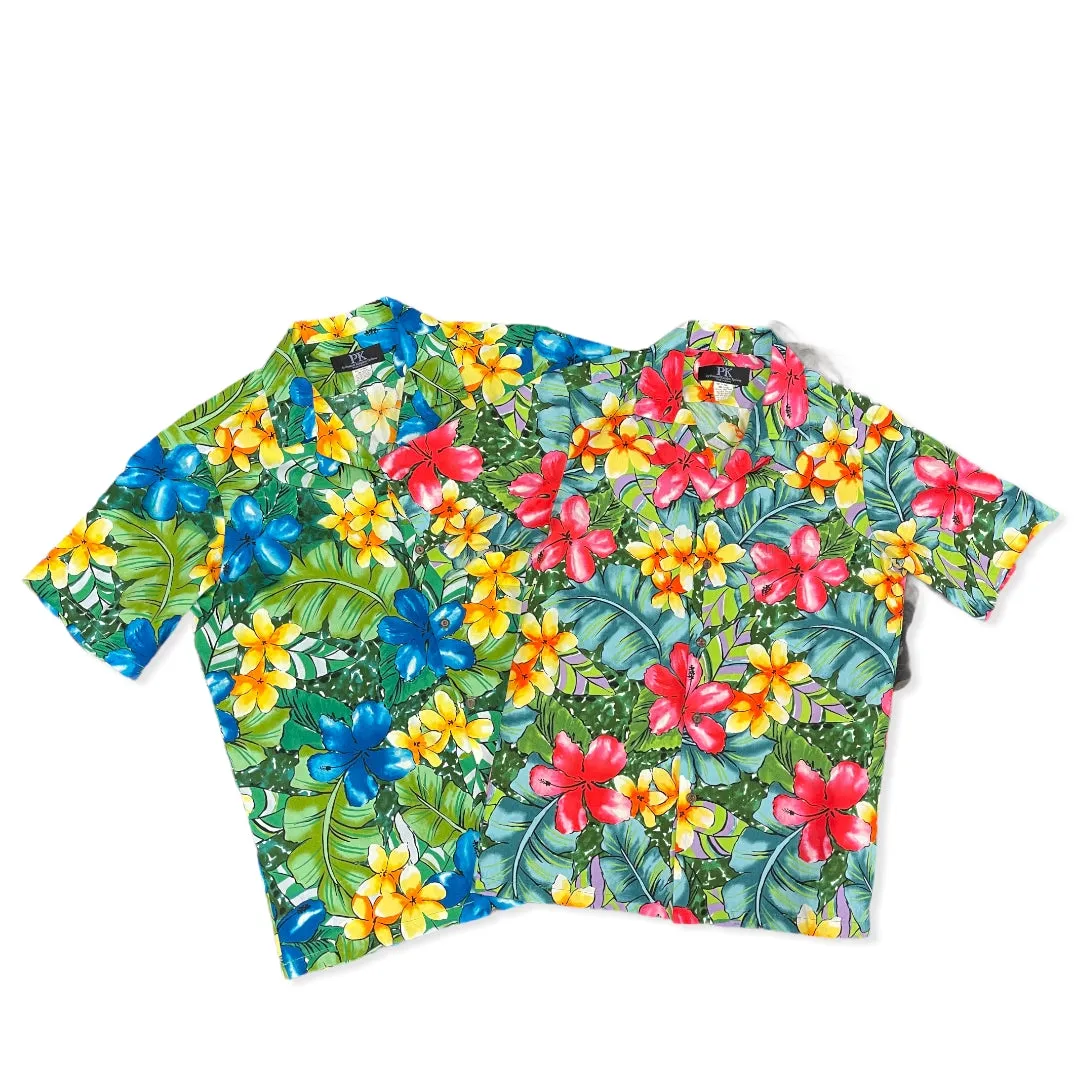 Colorful Water Color Hibiscus Print Hawaiian Shirt | Pink and Blue