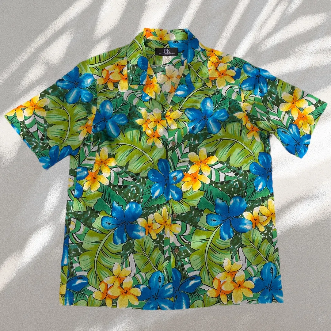 Colorful Water Color Hibiscus Print Hawaiian Shirt | Pink and Blue