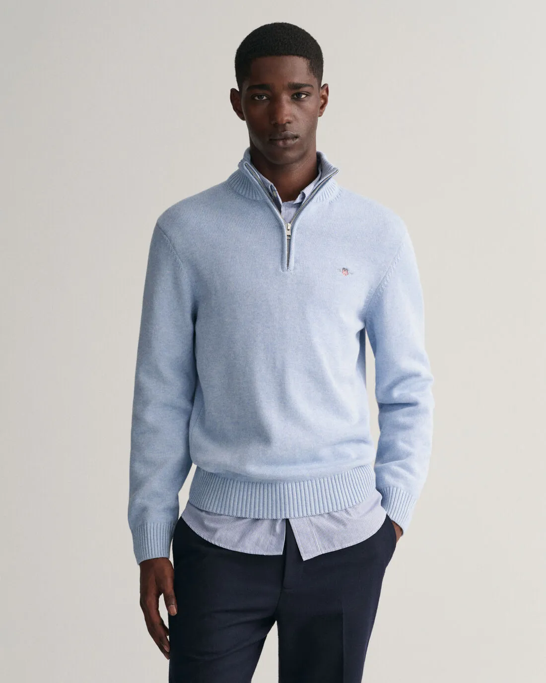 Cotton Half-Zip Pullover - Light Blue Melange