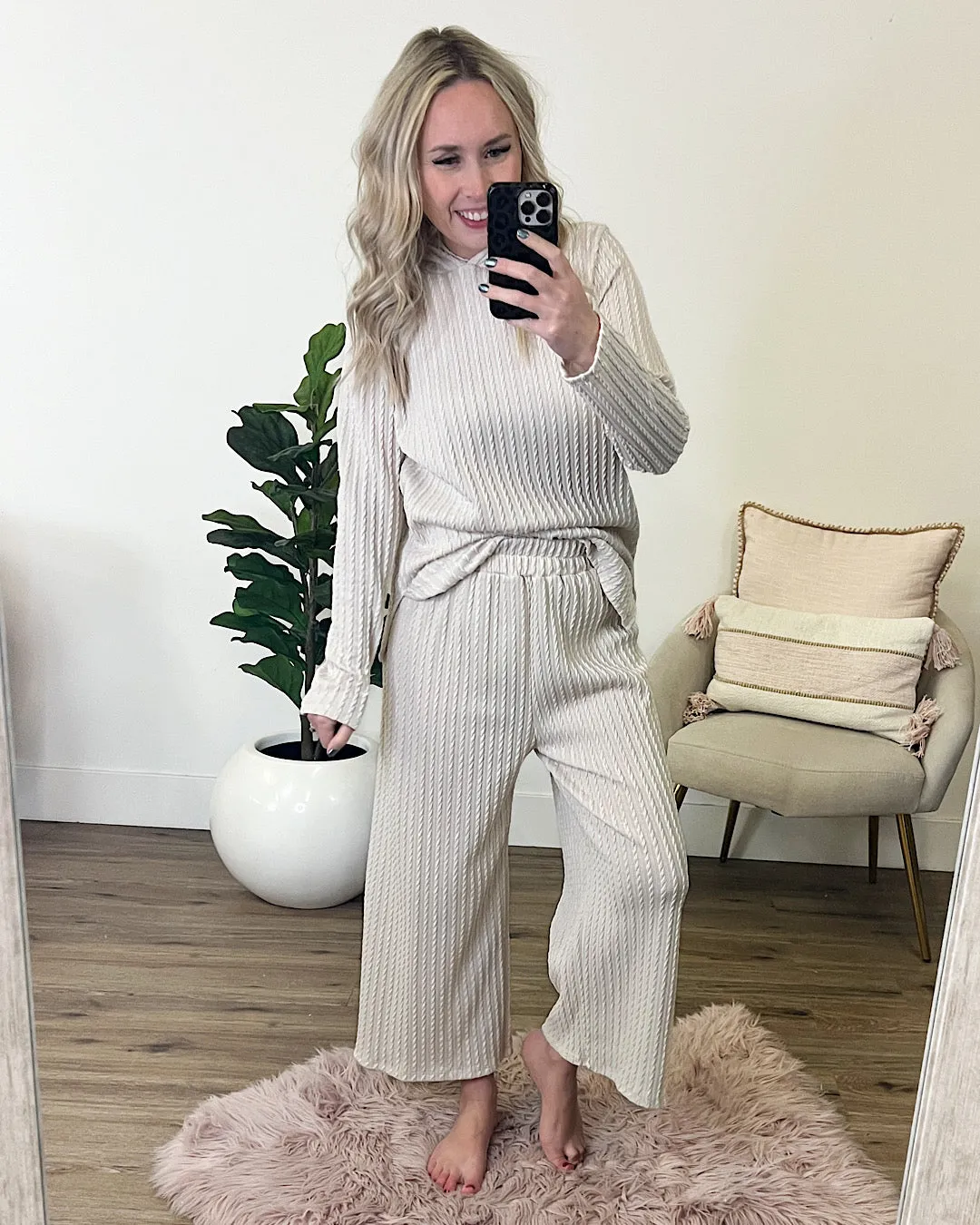 Cream Cable Knit Wide Leg Pants