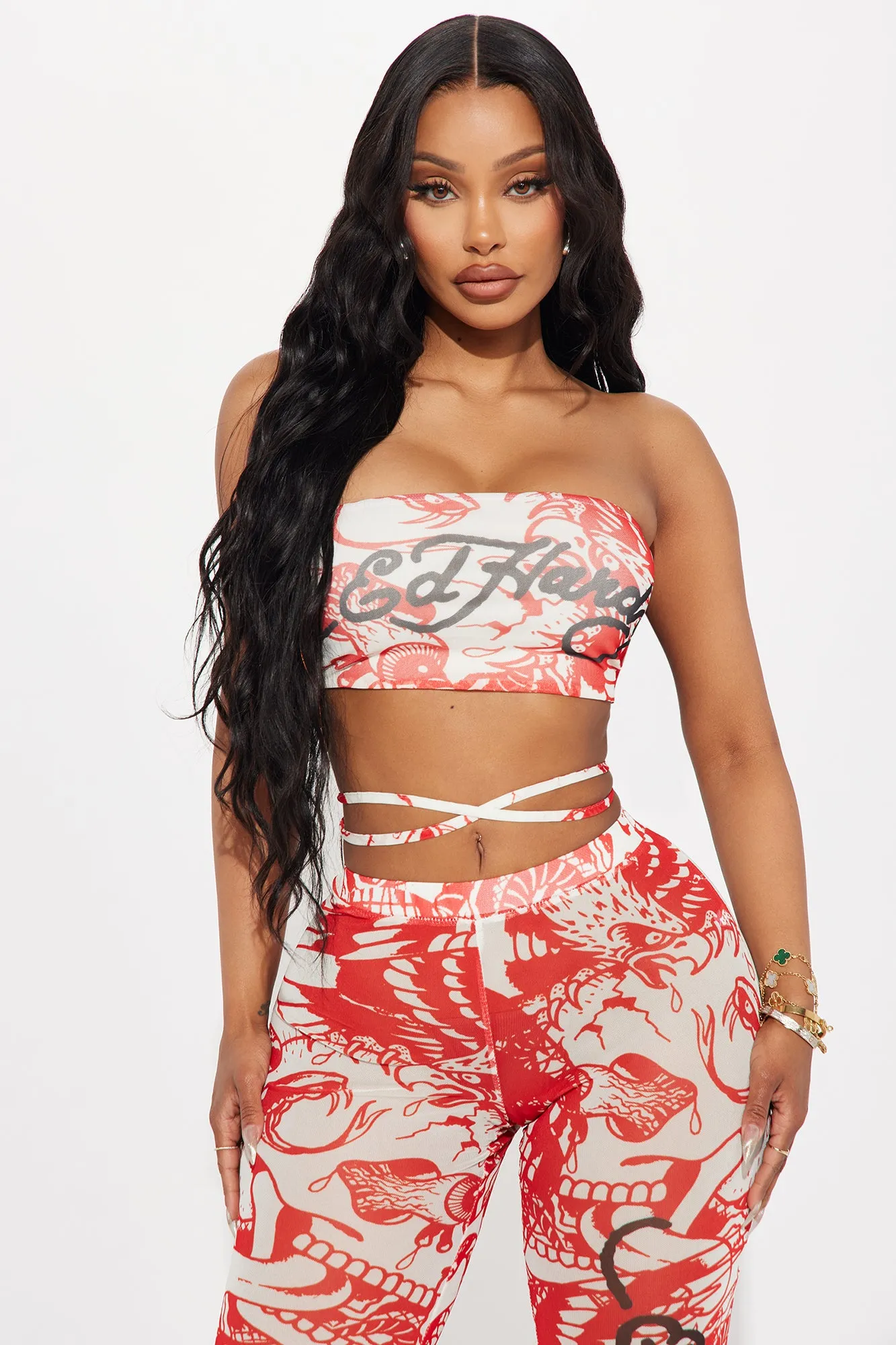 Ed Hardy Amor Mesh Pant Set - Red/combo