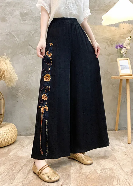 Ethnic Style High Waisted Embroidered Wide Leg Pants Summer BV048