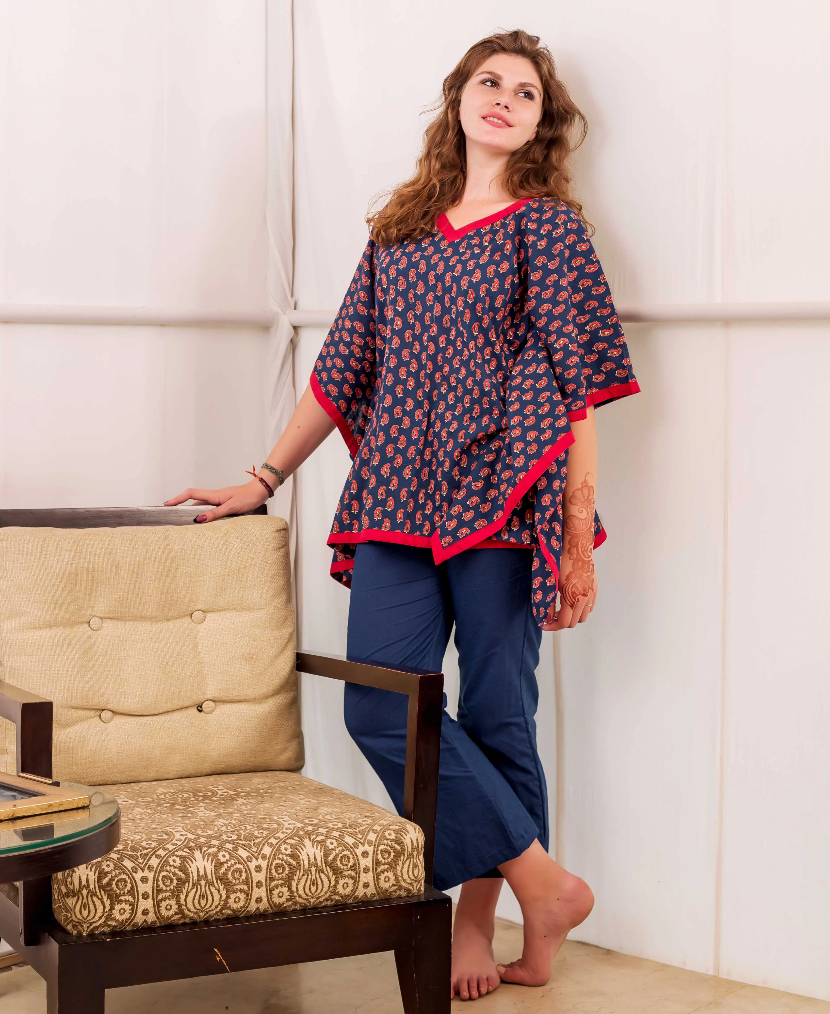 Indigo and Red Kaftan Top with Solid Cotton Pants