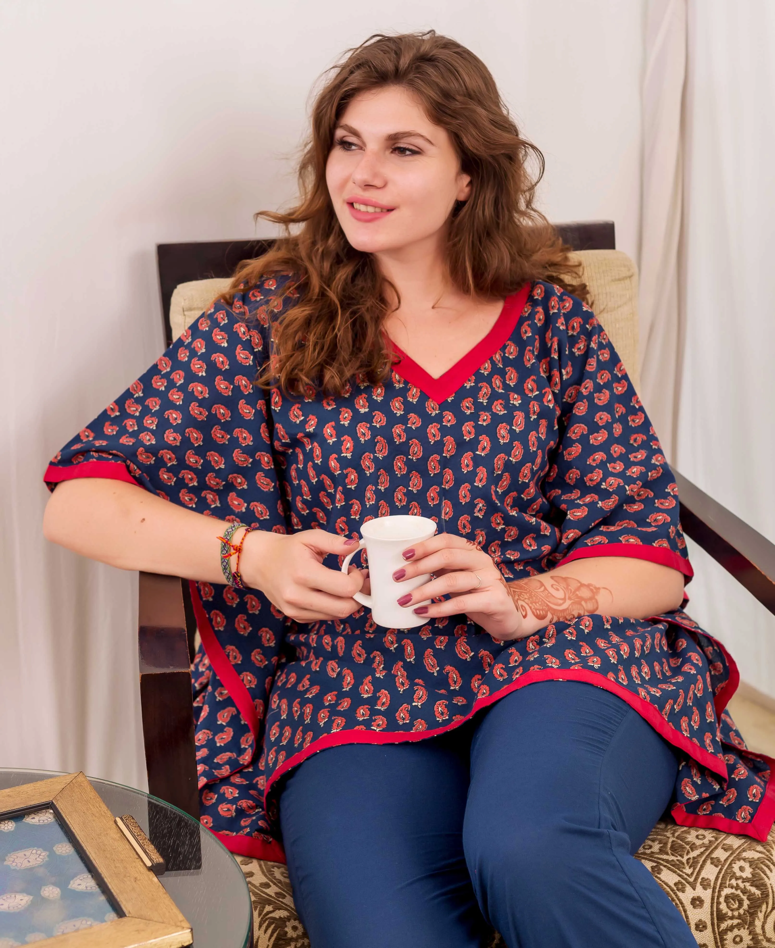 Indigo and Red Kaftan Top with Solid Cotton Pants