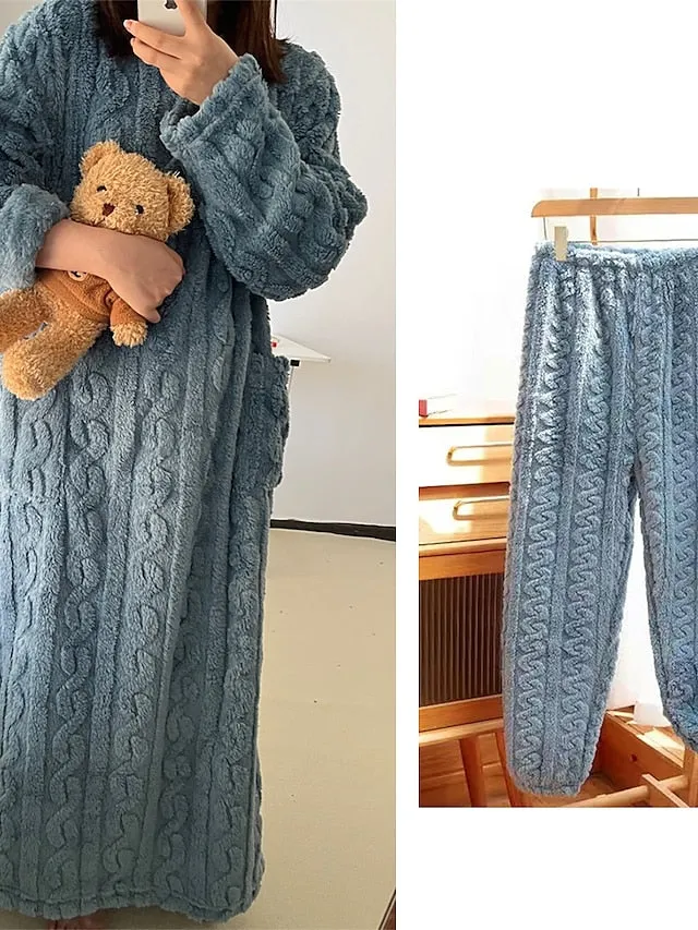 Luxurious Plush Loungewear Ensemble: Women's Robe Dress & Fleece Pajama Bottoms