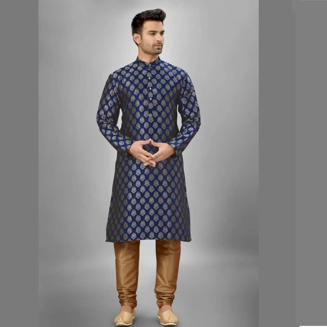 Mens Silk Kurta Pyjama Set - Navy Blue