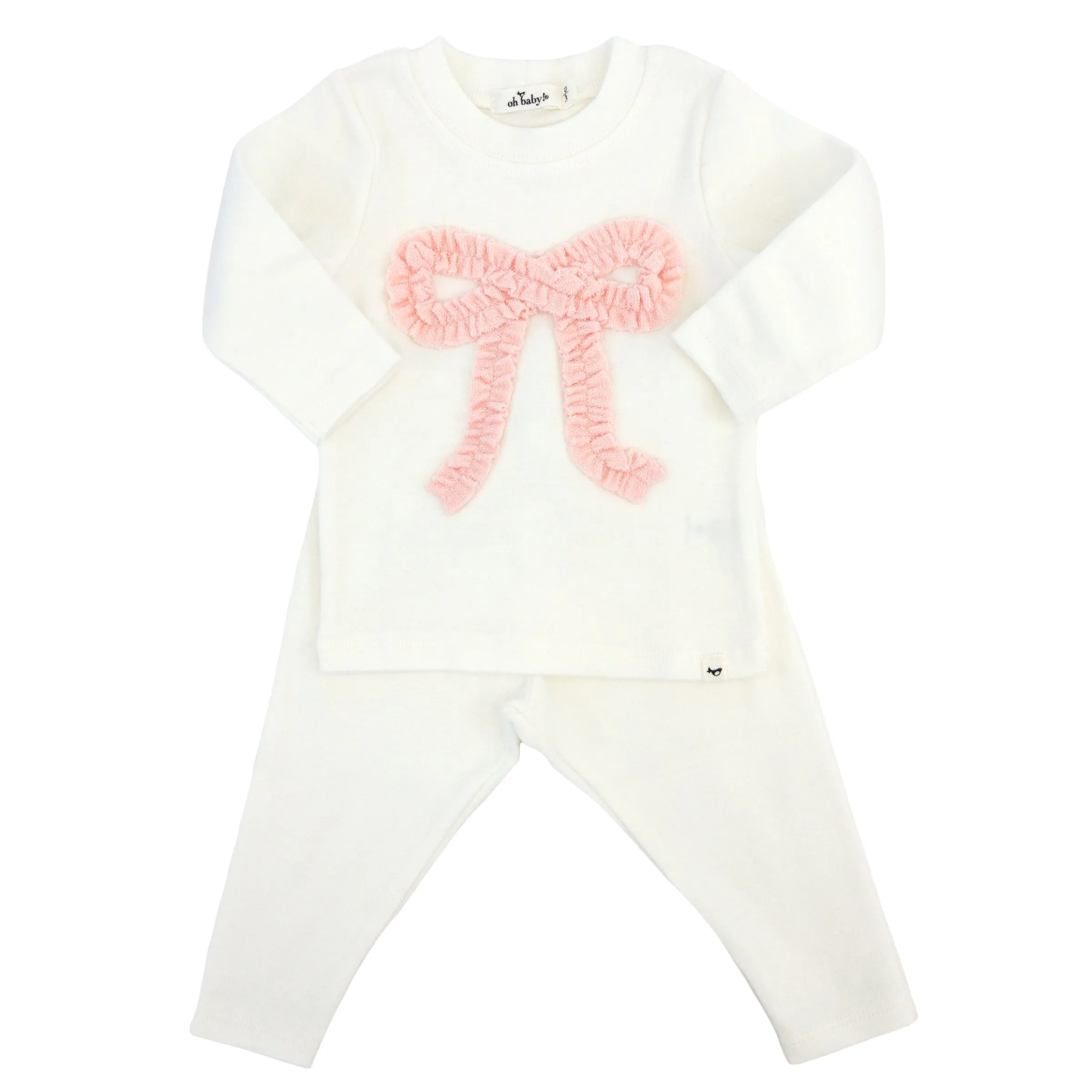 oh baby! Two Piece Set - Pink Terry Ruffle Bow Applique - Cream