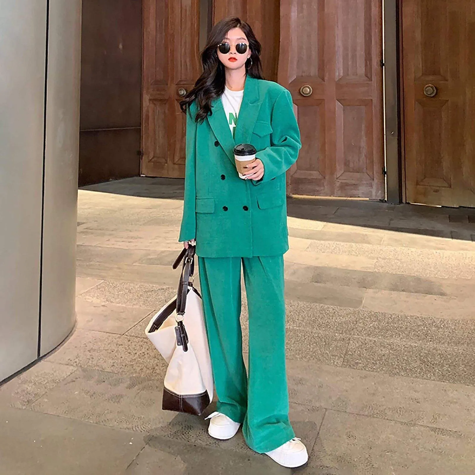 Oversize Double Breasted Green Corduroy Blazer & Pant Suit