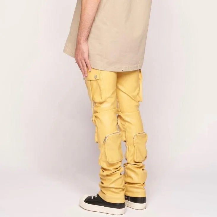 Pheelings Never Look Back Cargo Flare Stack Leather Pants (Wheat Yellow)