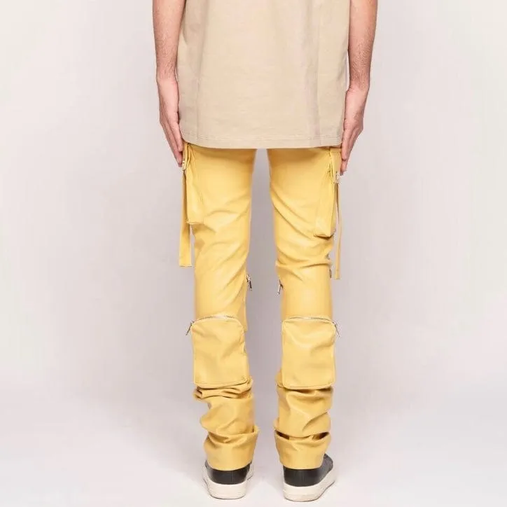 Pheelings Never Look Back Cargo Flare Stack Leather Pants (Wheat Yellow)