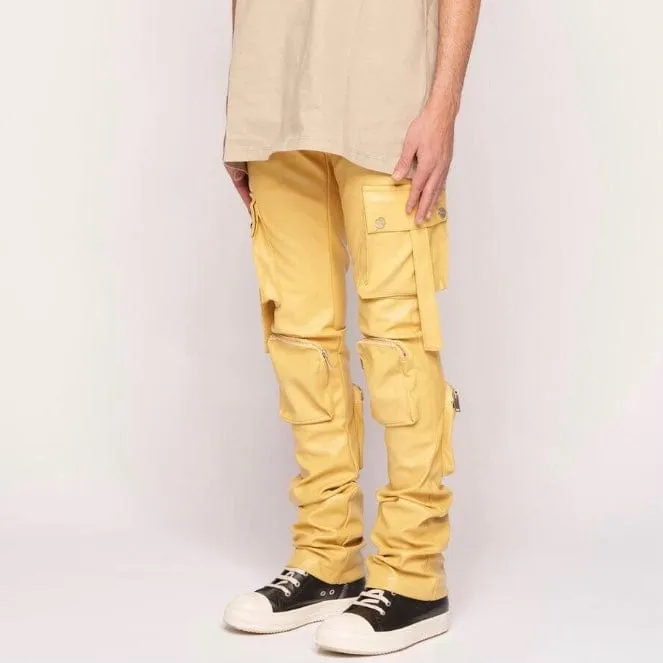 Pheelings Never Look Back Cargo Flare Stack Leather Pants (Wheat Yellow)