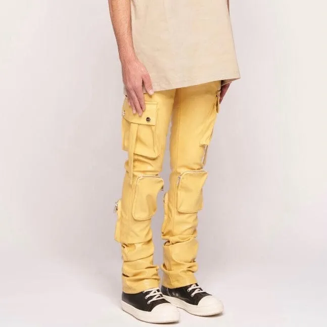 Pheelings Never Look Back Cargo Flare Stack Leather Pants (Wheat Yellow)