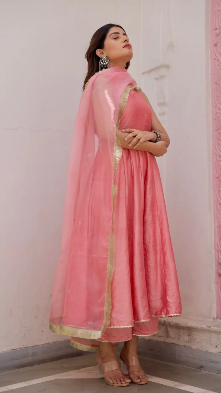 Pink Chanderi Zari work Anarkali with organza dupatta