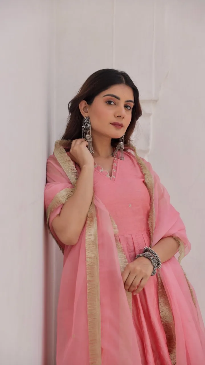 Pink Chanderi Zari work Anarkali with organza dupatta