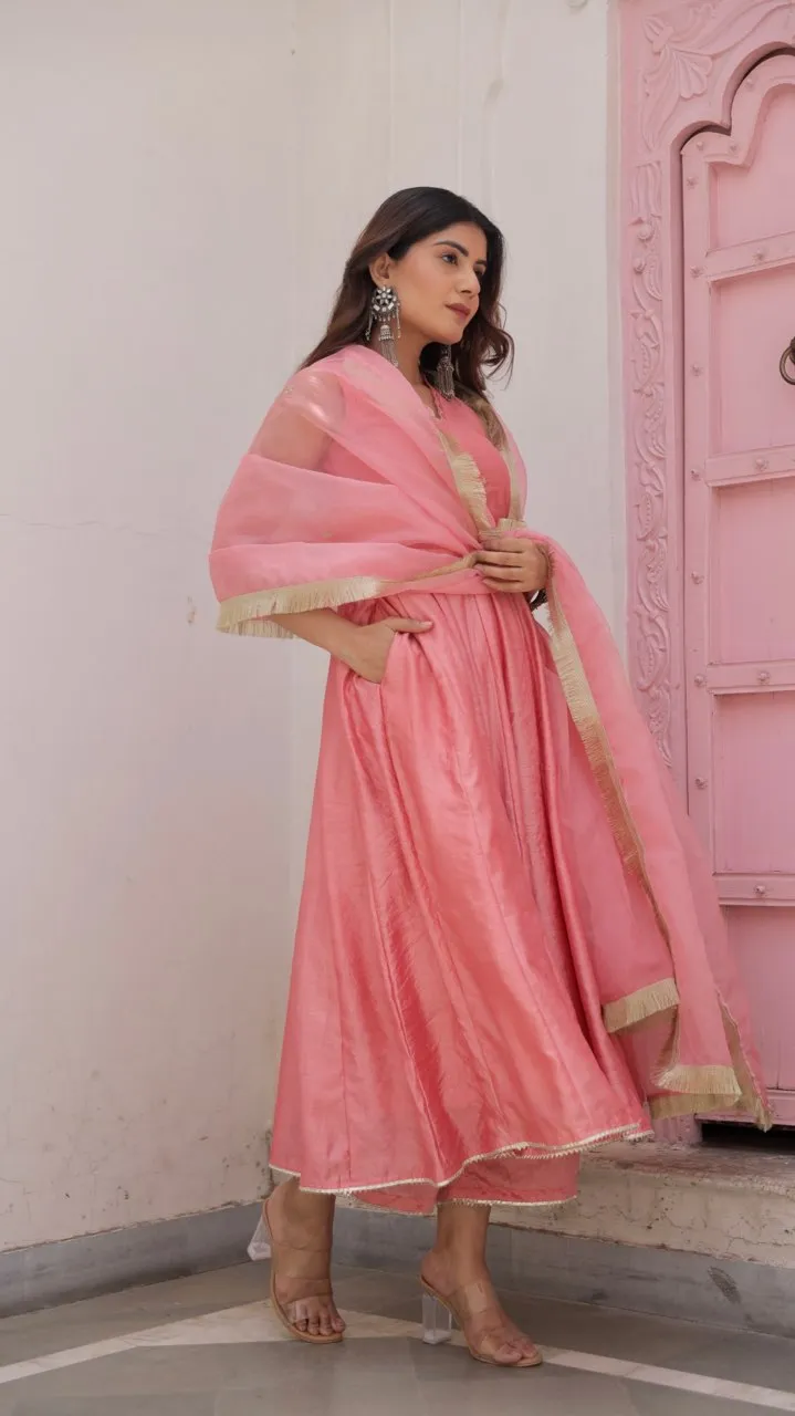 Pink Chanderi Zari work Anarkali with organza dupatta