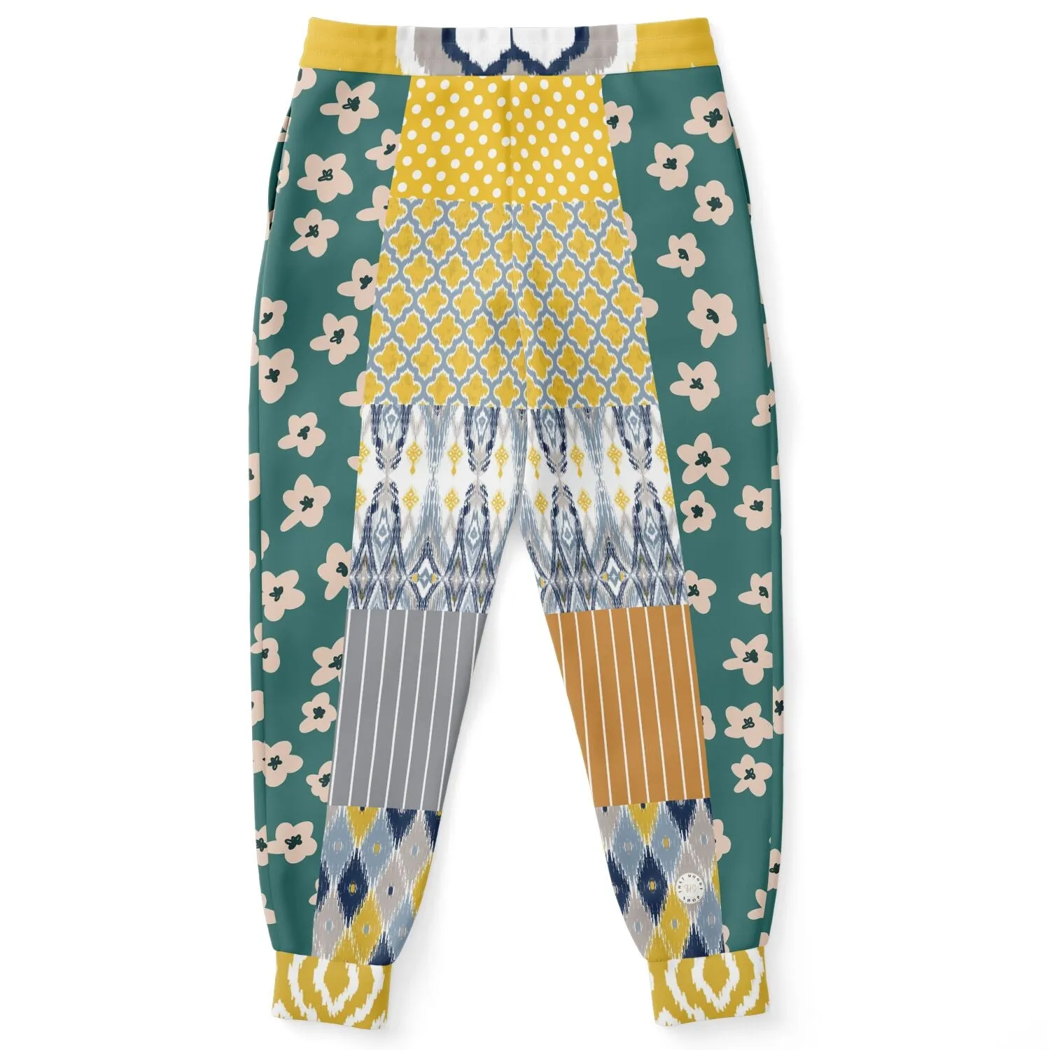 Tallulah Bankhead Yellow Ikat Patchwork Unisex Fleece Joggers