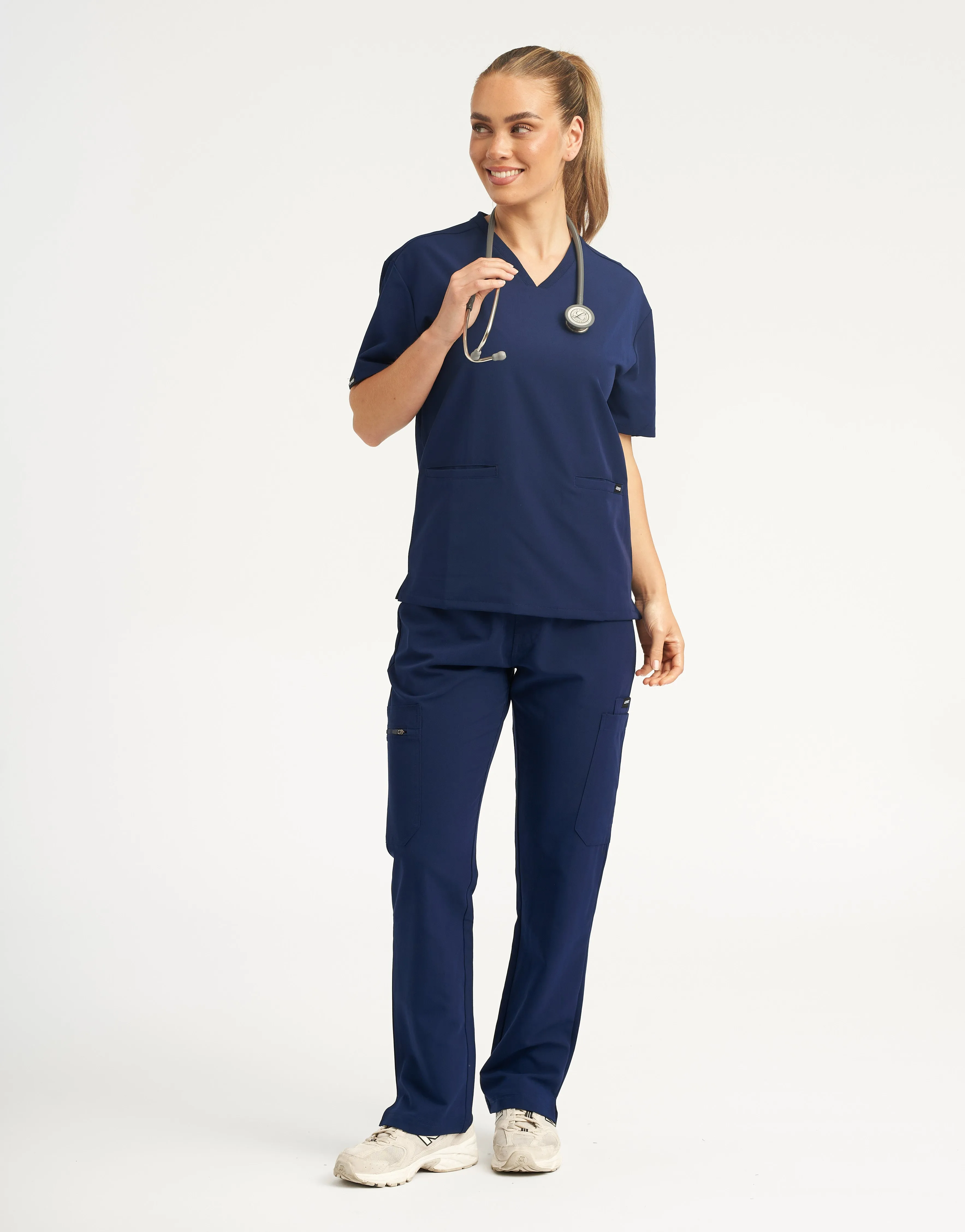 True Navy V Neck and Multi Pocket Scrub Pants Set