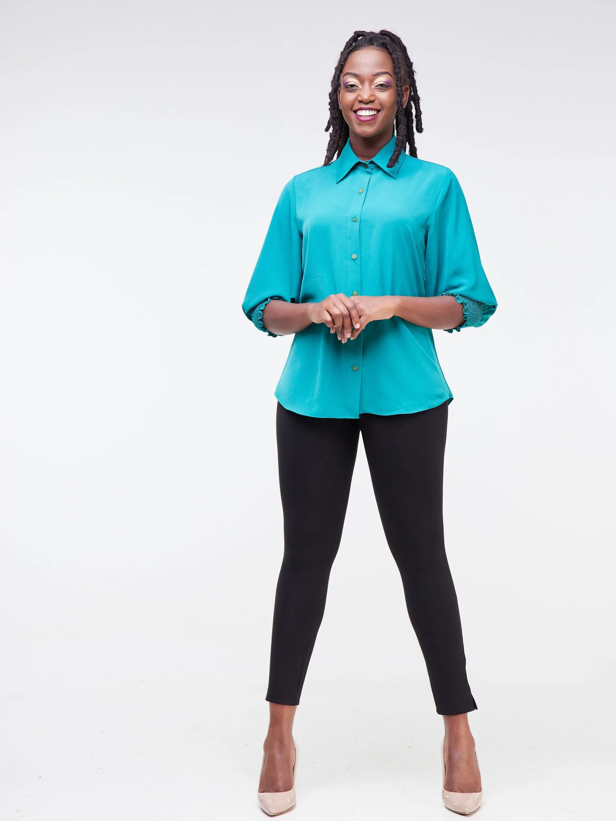 Vivo Fahari 3/4 Sleeve Shirred Shirt - Teal