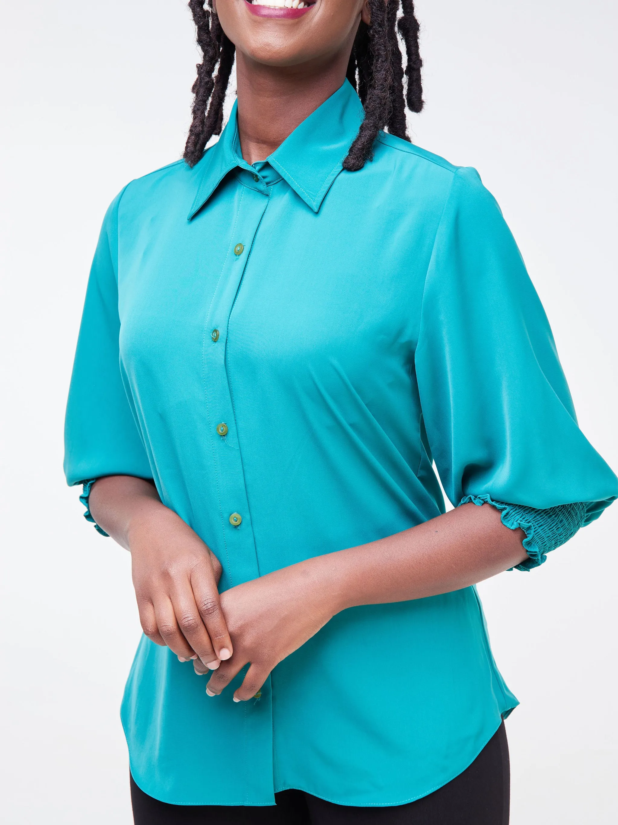 Vivo Fahari 3/4 Sleeve Shirred Shirt - Teal