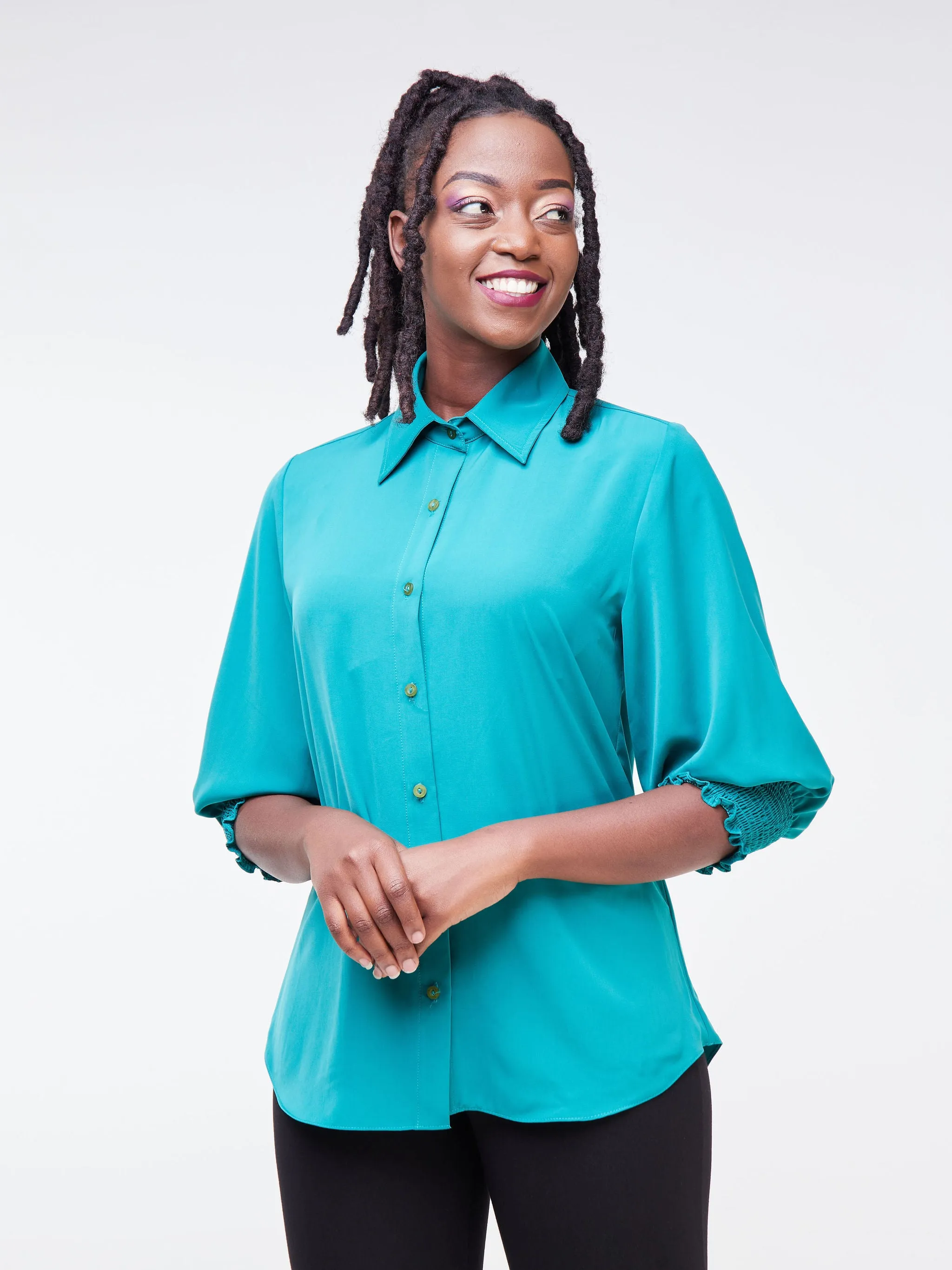 Vivo Fahari 3/4 Sleeve Shirred Shirt - Teal