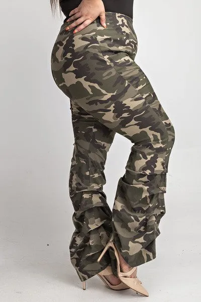 Washed Fatigue Camo Scrunched Stacked Leg Pants - PLUS