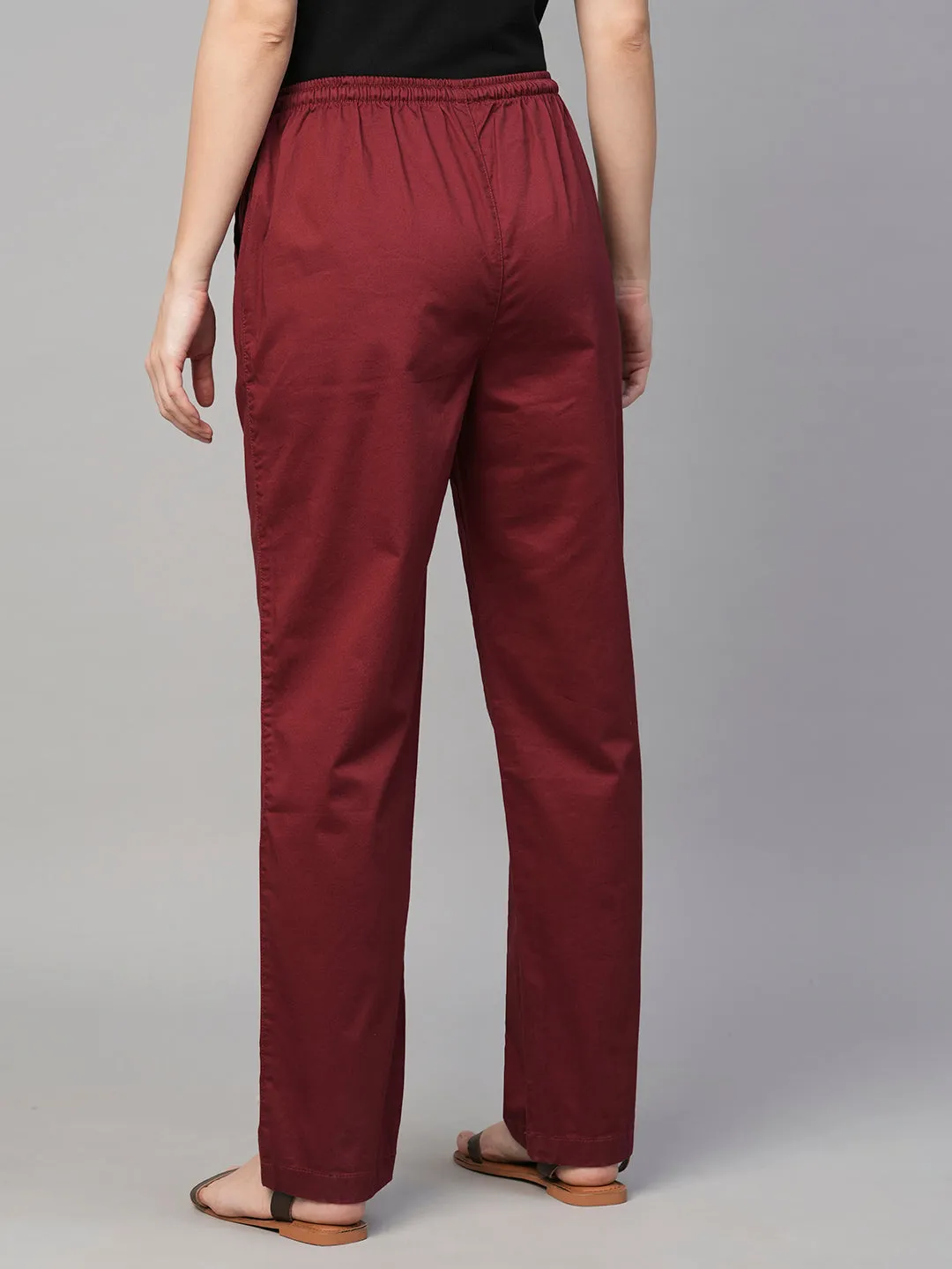 Women's Maroon/Red Cotton Elastane Regular Fit Pant