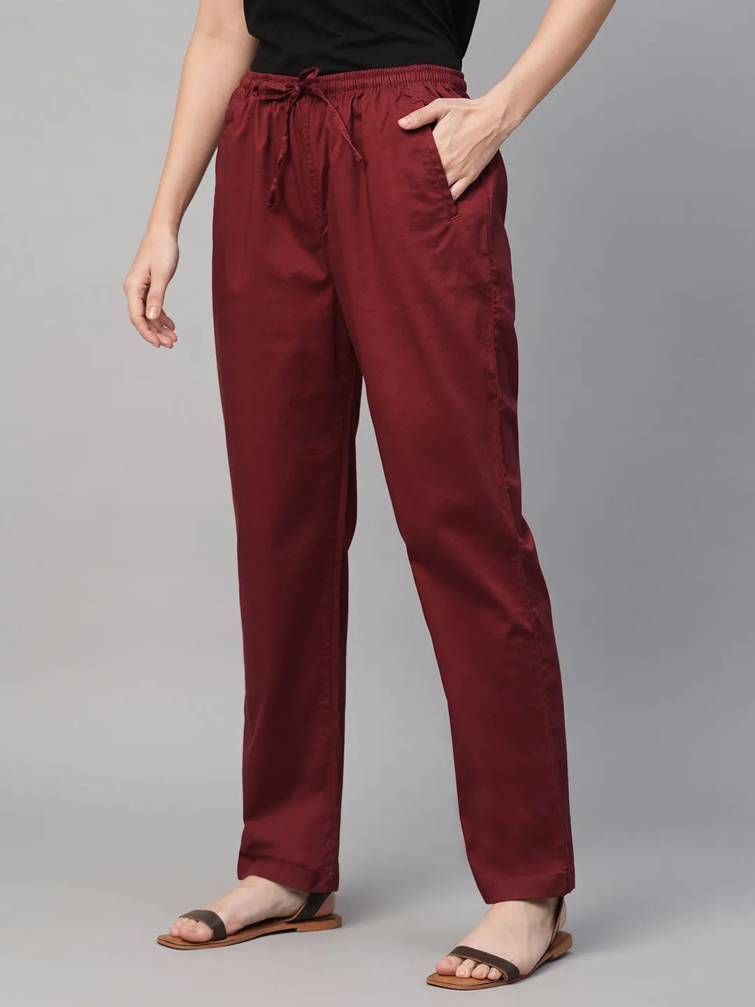 Women's Maroon/Red Cotton Elastane Regular Fit Pant