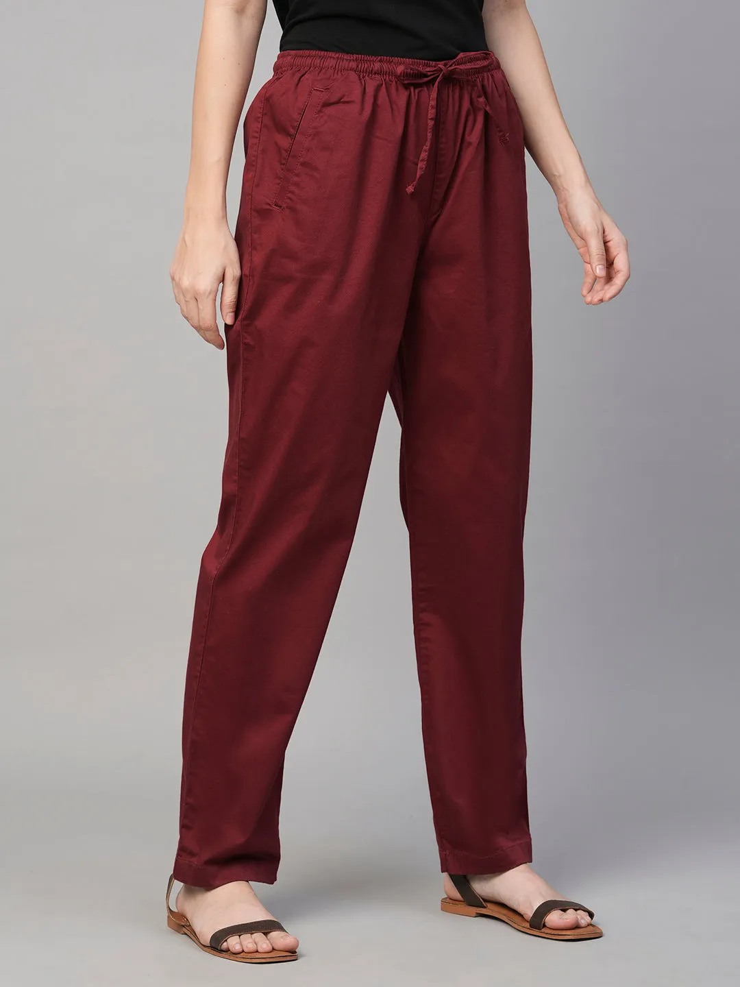 Women's Maroon/Red Cotton Elastane Regular Fit Pant