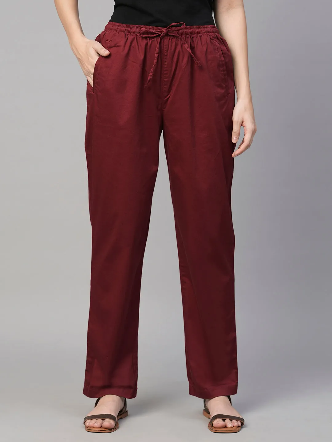 Women's Maroon/Red Cotton Elastane Regular Fit Pant