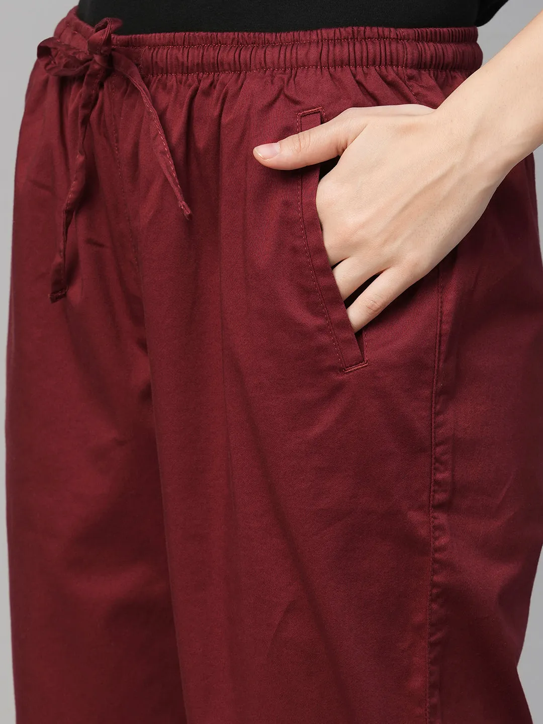 Women's Maroon/Red Cotton Elastane Regular Fit Pant